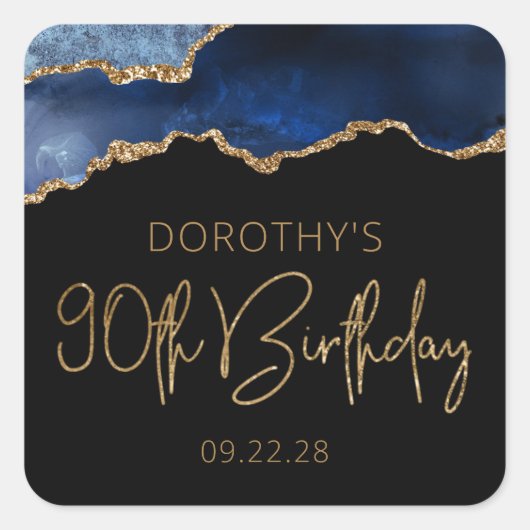 Sticker Carré Chic Agate Geode Blue Gold 90th Birthday Party (Devant)