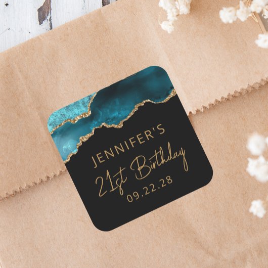 Sticker Carré Chic Agate Geode Gold Turquoise 21e fête d'anniver