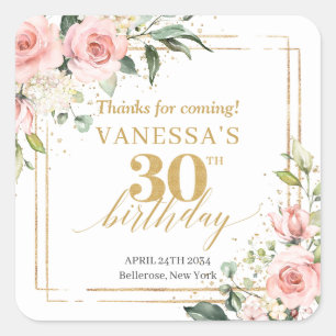 Sticker Carré Chic aquarelle bleu fleurs or 30e anniversaire
