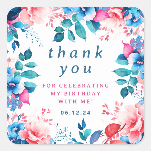 Sticker Carré Chic Aquarelle Floral Merci d'anniversaire (Devant)