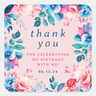 Sticker Carré Chic Aquarelle Florale Anniversaire Merci Blush