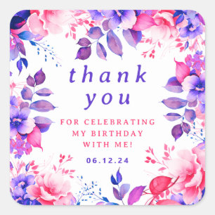 Sticker Carré Chic Aquarelle Florale Anniversaire Merci pourpre