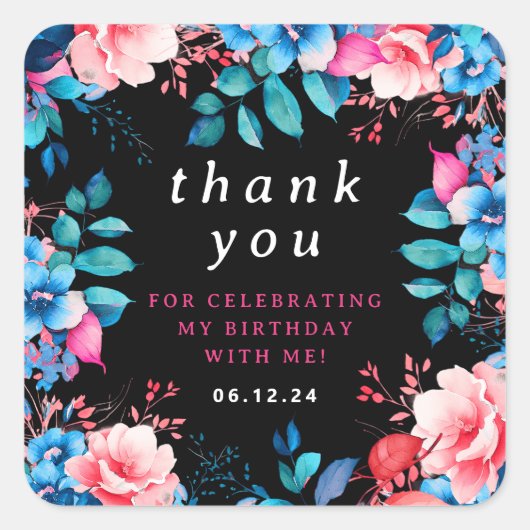 Sticker Carré Chic Aquarelle Florale Merci d'anniversaire noir (Devant)