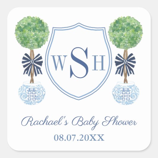 Sticker Carré Chic bébé garçon Monogramme Boxwood Baby shower Fa (Devant)