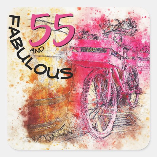 Sticker Carré Chic Bicycle Aquarelle "55 et fabuleux" Anniversai (Devant)