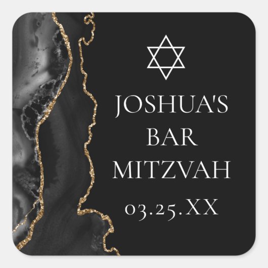 Sticker Carré Chic Black Gold Agate Bar Mitzvah Party (Devant)