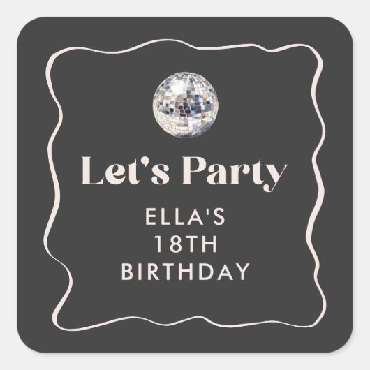 Sticker Carré Chic Black & Silver Disco Ball 18ème anniversaire (Devant)