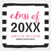 Sticker Carré Chic Black Stripes Pink Classe de 2025 Graduation (Devant)