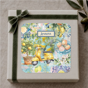 Sticker Carré Chic bleu turquoise sicilien citrus collage floral