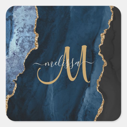 Sticker Carré Chic Blue Gold Agate Script Monogramme personnalis (Devant)