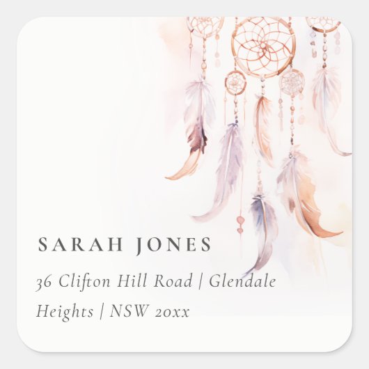 Sticker Carré Chic Boho Feather Dreamcatcher Watercolor Adresse (Devant)