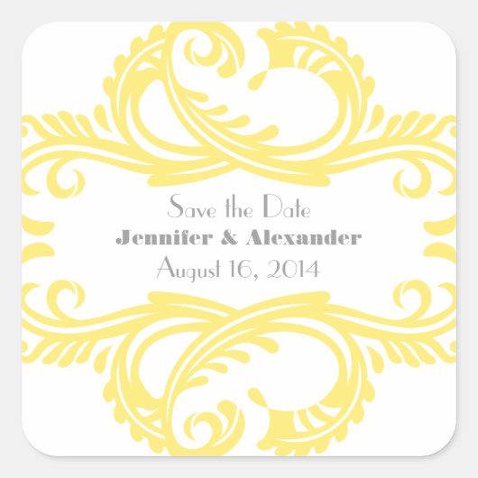 Sticker Carré Chic Damask Save Date Stickers, Jaune (Devant)