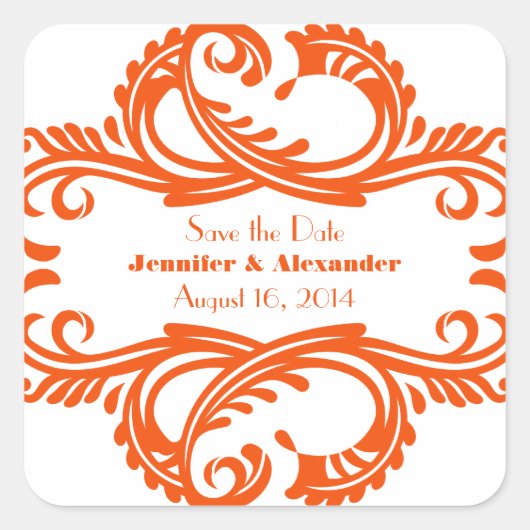 Sticker Carré Chic Damask Save Date Stickers, Orange (Devant)