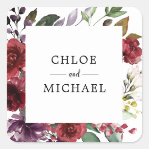 Sticker Carré Chic et élégant Personnalisé Rouge Floral Mariage