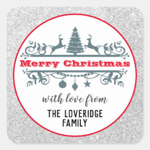 Sticker Carré Chic et festif Rouge Joyeux Noël Paillettes argent