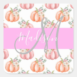 Sticker Carré Chic Fleur Blanc Rose Pêche Citrouille Monogramme