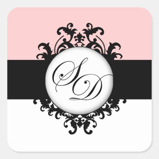 Sticker Carré Chic Français Black Monogrammes Mariage damassé Ét (Devant)