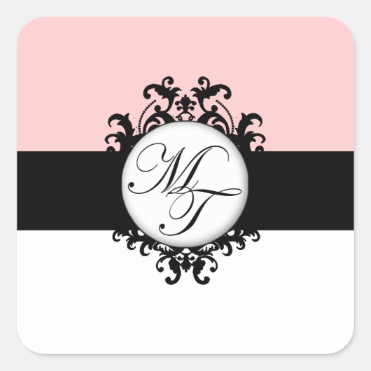 Sticker Carré Chic Français Black Monogrammes MT Damask Étiquett (Devant)