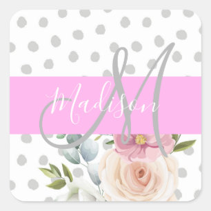 Sticker Carré Chic & Girl Floral White Pink Gray Nom du monogram