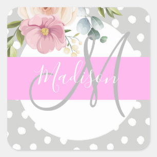 Sticker Carré Chic & Girly Floral Blanc Rose Gris Monogramme Nom