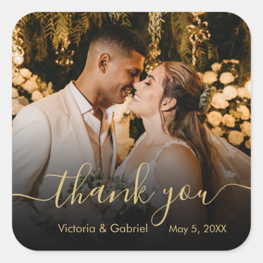 Sticker Carré Chic Gold Black Script Mariage Merci photo (Devant)