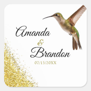 Sticker Carré Chic Green Hummingbird et Gold Dust Mariage