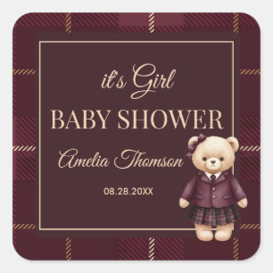 Sticker Carré Chic Luxe Ours en peluche Baby Shower 