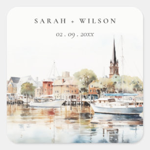 Sticker Carré Chic Mariage d'aquarelle Annapolis Maryland