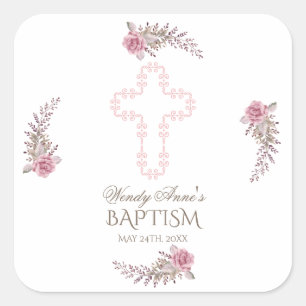 Sticker Carré Chic Marsala Maroon Floral Girl Christening