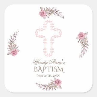 Sticker Carré Chic Marsala Maroon Floral Girl Christening