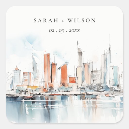 Sticker Carré Chic Miami Floride Skyline Mariage d'aquarelle (Devant)