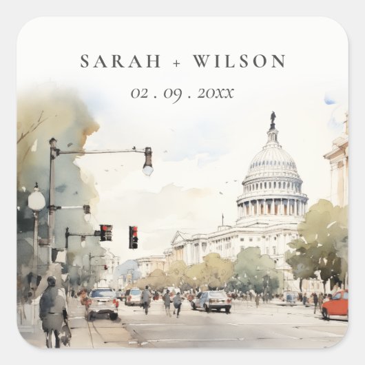 Sticker Carré Chic Minimal Washington DC, USA Watercolor Mariage (Devant)
