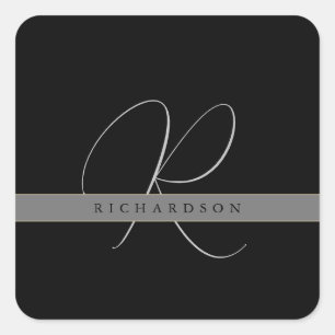 Sticker Carré Chic Monogramme Nom initial Charcoal Grey Black