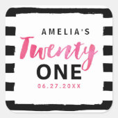 Sticker Carré Chic noir & blanc rayures rose 21e anniversaire (Devant)