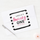 Sticker Carré Chic noir & blanc rayures rose 21e anniversaire (Enveloppe)