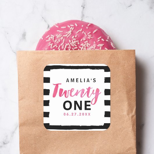 Sticker Carré Chic noir & blanc rayures rose 21e anniversaire