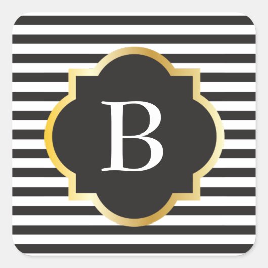 Sticker Carré Chic noir et blanc bande or Monogramme (Devant)