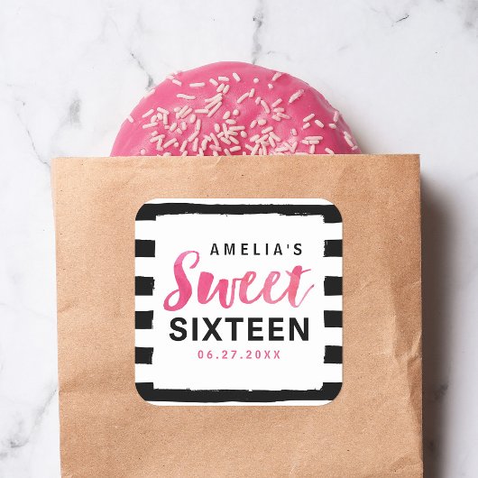 Sticker Carré Chic noir et blanc rayures rose doux 16