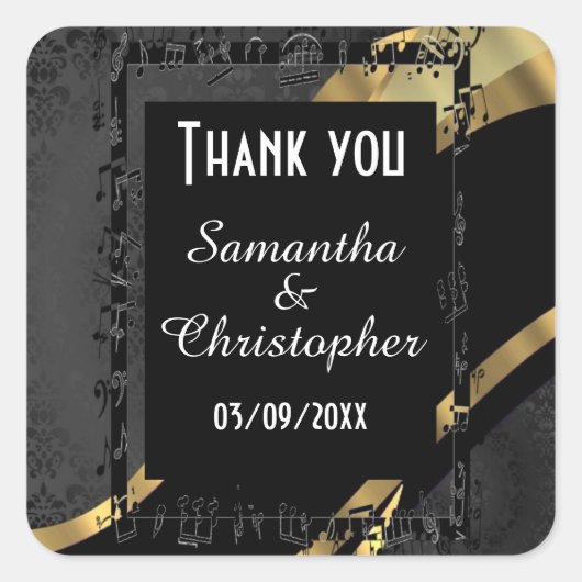 Sticker Carré Chic or et noir damassé merci (Devant)