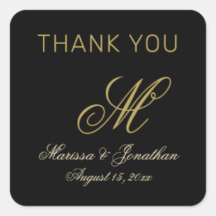 Sticker Carré Chic or Monogramme Script Mariage noir Merci