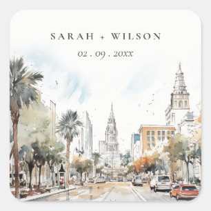 Sticker Carré Chic Orlando Floride Skyline Mariage d'aquarelle