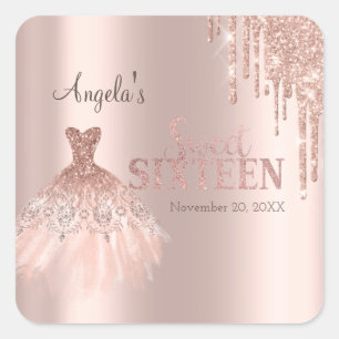 Sticker Carré Chic Parties scintillant  Rose Gold Sweet 16