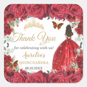 Sticker Carré Chic Roses Rouges Papillons Floraux Princesse Favo