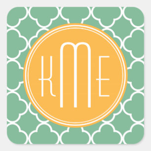 Sticker Carré Chic Turquoise Quatrefoil vert avec Monogramme Jau