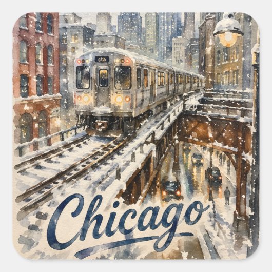 Sticker Carré Chicago El Train in the Winter Snow (Devant)