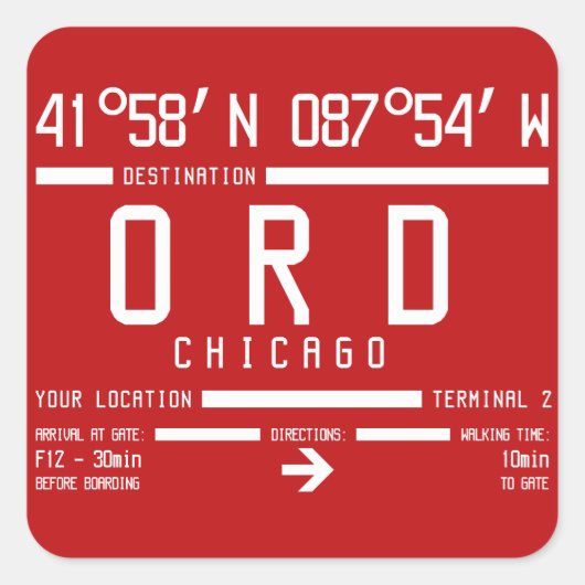 Sticker Carré Chicago O'Hara International Airport Code ORD (Devant)