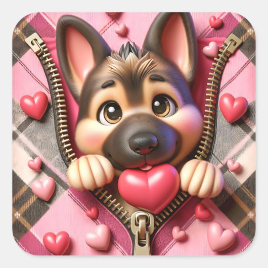 Sticker Carré Chien à fermeture éclair Saint-Valentin mignon (Devant)