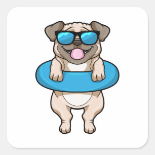 Sticker Carré Chien à la natation avec anneau de natation