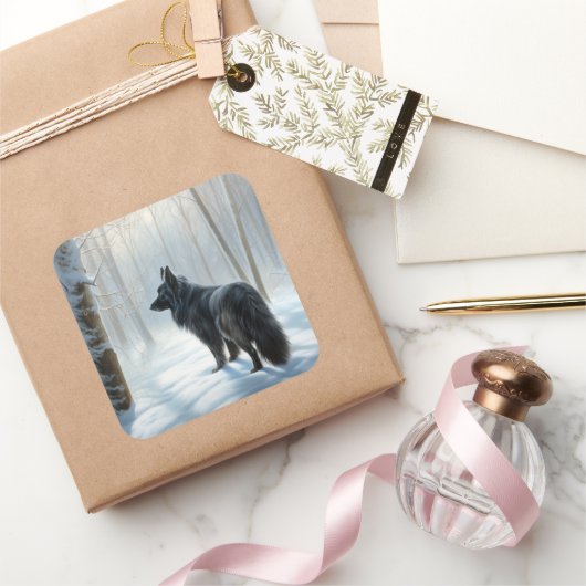 Sticker Carré Chien à neiger belge Noël (Cadeaux)