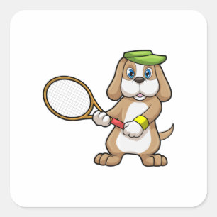 Sticker Carré Chien à Tennis avec raquette de tennis & Casquette